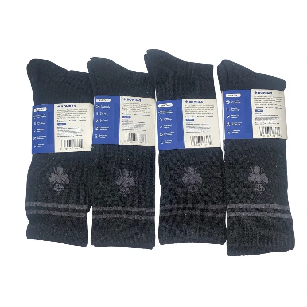 NEW 4 PAIRS Bombas Crew‎ Socks Black Grey Honeycomb Arch Support Mens